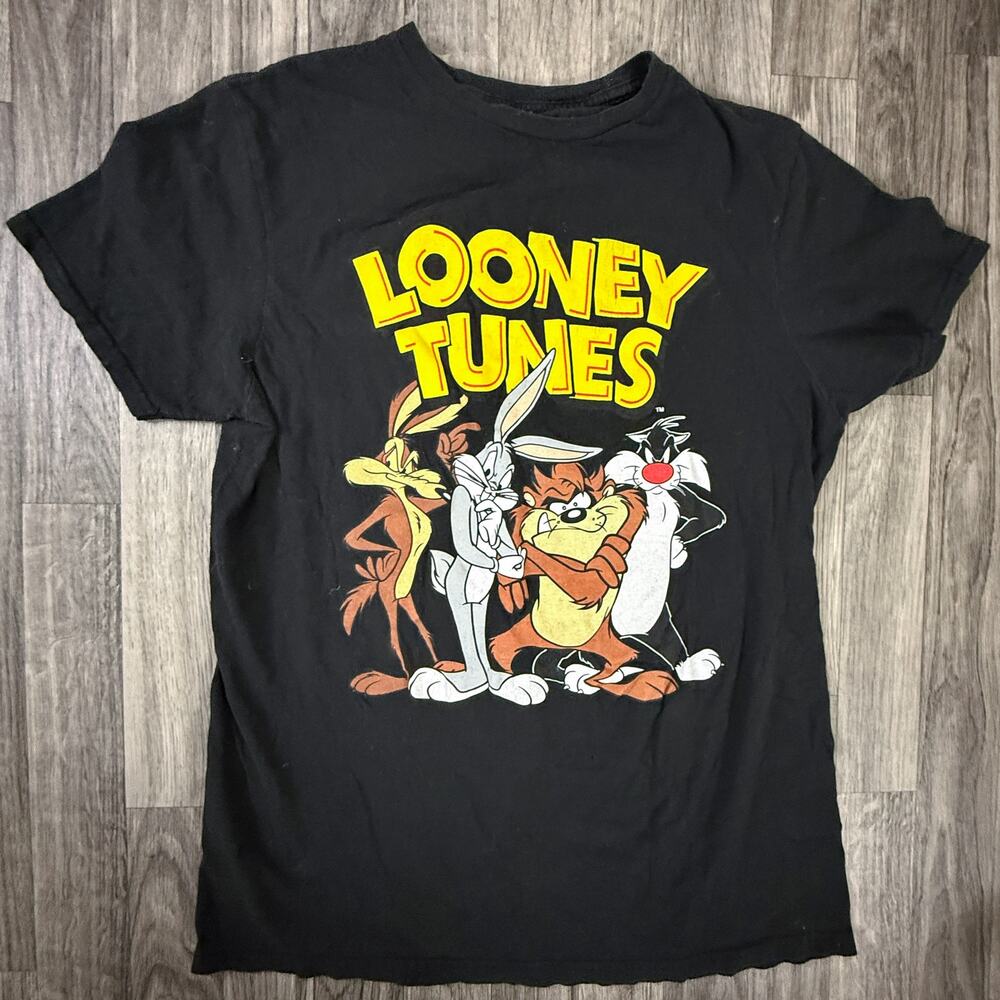 Looney Tunes Black T-Shirt M Double Sided Graphic Bugs Bunny Taz Sylvester